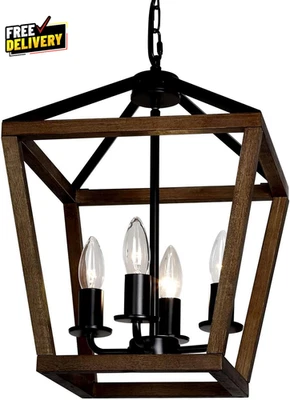 4 Light Lantern Pendant Light Black Wood Farmhouse Cage Chandelier for Kitchen… - Image 1 of 4
