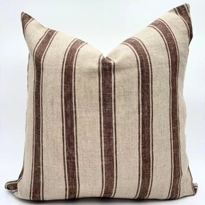 Line and Loop Emmy Stripe Brown & Beige Linen Pillow Cover 20 x 20 Hand Made - Picture 1 of 4