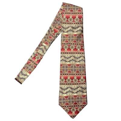 Windsor 100% Silk Necktie Tie Red Cream Blue Ornate Design USA 3.8" Wide - Image 1 of 4