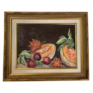 Original Oil Painting Cantaloupe Fruit Signed Framed Still Life - Picture 1 of 7