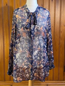 MONSOON Ladies Navy Pink Cream Floral Sheer Silk Blouse Button Cuff Ties Size L - Picture 1 of 9