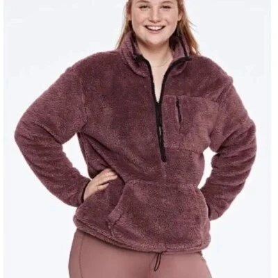 VS PINK Espresso Mauve Sherpa 超大泰迪熊套衫毛衣夹克 XS — 第 1/4 张图片