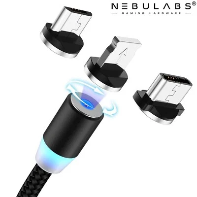 Magnetic Rotating USB Charging Cable USB Cord 3-in-1 Fast Charger Wireless LED - Image 1 of 4