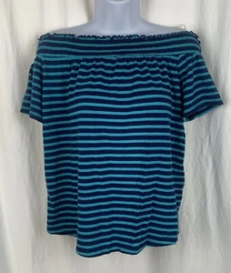 Women’s Liz Claiborne Short Sleeve Shirt Green Blue Stripes Medium Off Shoulder - Picture 1 of 2