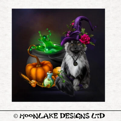 MOONLAKE FABRICS Halloween - Cat Witches Fancy Hat Fabric Craft Panels 100% Cotton or Polyester
