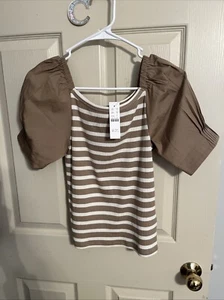 NWT! J. Crew Vintage Rib Top Cotton Poplin Puff Sleeves Striped Small - Picture 1 of 4