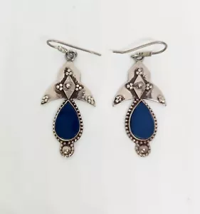 Vintage Tribal Lapis Lazuli Teardrop Sterling Silver Drop Dangle Hook Earrings - Picture 1 of 5