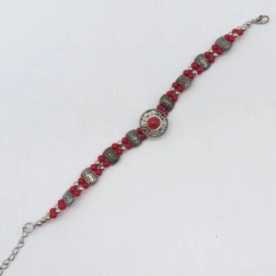 Pulsera Boho Cuentas Rojas Tono Plata 8.25" Foto 1 de 4
