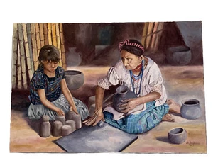 Pintura al óleo étnica latinoamericana vintage de 1980 sin marco 18x26 - Fabricación de tortillas - Imagen 1 de 19