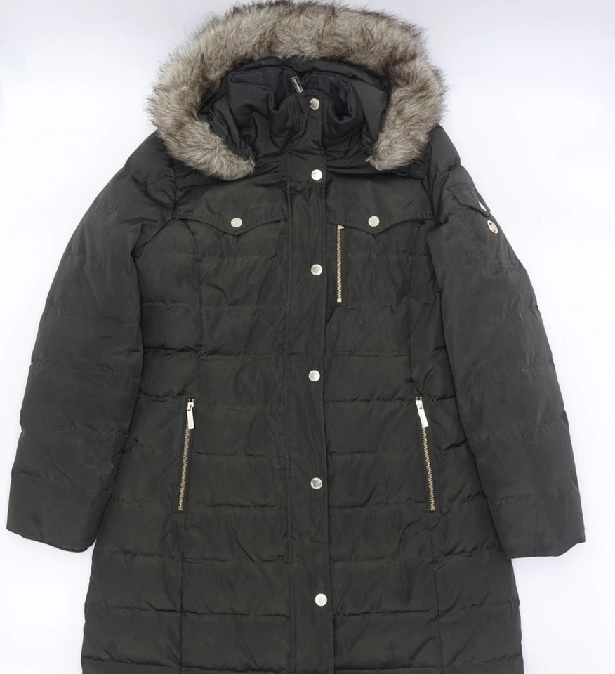 Michael Kors Down Puffer 夹克人造毛皮连帽大号女式橄榄色 — 第 1/4 张图片