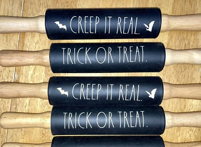 Rae Dunn Halloween Creep It Real Rolling Pin Black Silicone Beechwood 15" NEW - Image 1 of 4