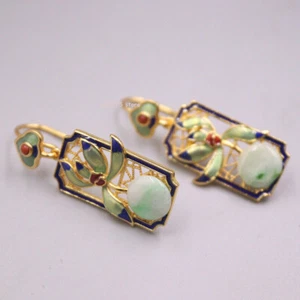 18K Gold Cover Real 925 Sterling Silver Women Paint Lotus Jadeite Earrings Hook - Picture 1 of 5