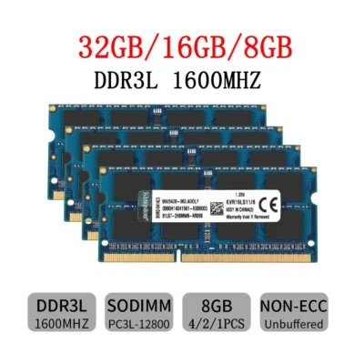 Kingston 32GB 16GB 8GB DDR3L 1600MHz PC3L-12800S 2Rx8 SODIMM Laptop Memory SDRAM - Image 1 of 4