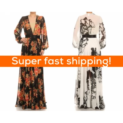 Floral Long Sleeve Maxi Dress With deep v-neck Relaxed Fit, S, M NEW - Image 1 of 4