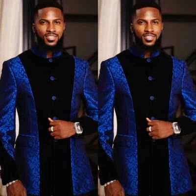 Royal Blue Men's Suit Printing Party Jacket Coat Party Evening 2Pcs Hosting - Image 1 of 4
