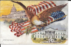 1906 PATRIOTIC EAGLE FLYING OVER CAPITOL AND WHITE HOUSE P.SANDERS POSTCARD P27 - Picture 1 of 2