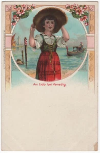 POSTAL Niña Italiana Venecia Canal Barco Tipo Étnico Disfraz Popular Sombrero Arte Alemán - Imagen 1 de 2