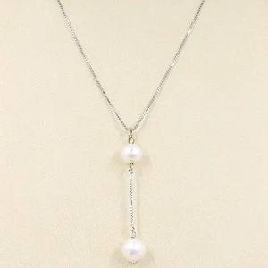 Collar Oro Blanco 18K, Colgante 2 Perlas Blancas, Cadena Veneciano - Imagen 1 de 7