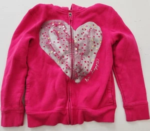 OshKosh Hoodie Pink Girls Size 5 Distressed Silver Heart & Sequins Front, Zip Up - Picture 1 of 6