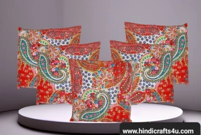 INDIAN COTTON PATCH KANTHA CUSHION COVER 16x16 Hand Stitched Red (Set of 5) - Image 1 of 3