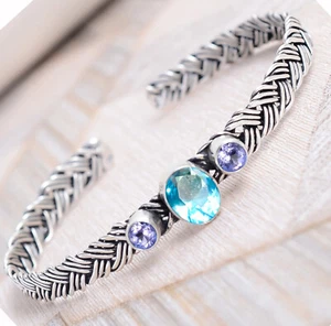 London Blue Topaz, Amethyst Cut Gemstone Bracelet 925 Sterling Silver Gents Cuff - Picture 1 of 6