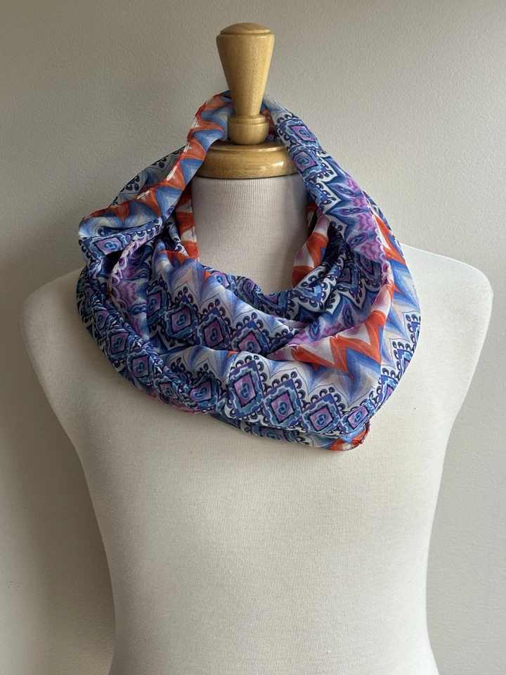 Vtg Infinity Scarf Bold Multi Col Geo Print Sheer Chiffon Retro Artsy 70s Boho - Image 1 of 4