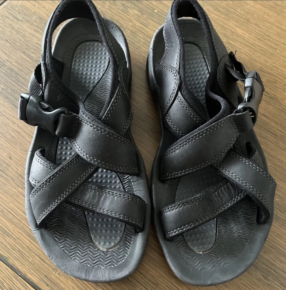 Sandalias deportivas Lands End Big Boy para hombre con tiras con gancho talla 7B de cuero sintético negro Foto 1 de 1