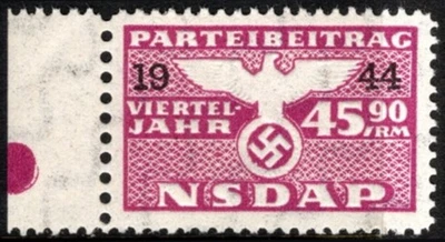 1944 Nazi Germany Dues Stamp NSDAP Quarter Year Party Contribution 45.90 RM - Image 1 of 4