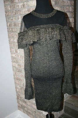 Venus Black Gold Ribbed Ruffle Partial Lace Bodycon Cocktail Sweater Dress SZ M - Image 1 of 4