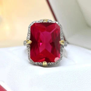 New European 16mm Big Rectangle Red Corundum Gemstone Silver Women Luxury Ring - Picture 1 of 6