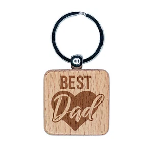 Best Dad in Heart Father's Day Engraved Wood Square Keychain Tag Charm - Picture 1 of 6