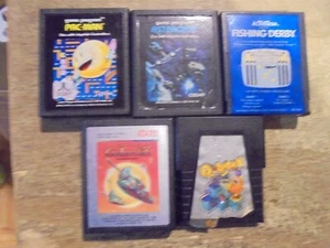 5 Atari 2600 Games tested pacman qbert galaxian asteroids fishing derby - Picture 1 of 7