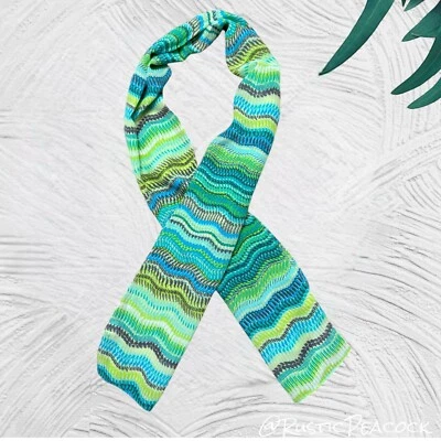 Cachecol Echo Neck feminino 60" verde azul multicolorido 100% seda gravata listrada boho - Imagem 1 de 4