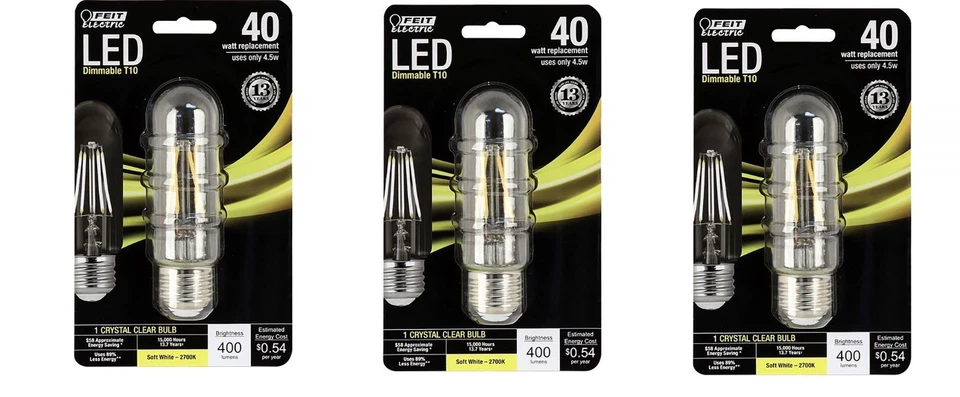 3 pack Led T10 4.5W 827 Dim 2700K Clr, Part BPT1040/827/LED, by Feit Electric - Image 1 of 1