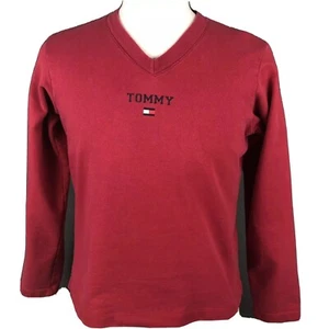 Tommy Hilfiger Vintage 90er rot V-Ausschnitt Pullover Bluse Shirt Oberteil groß buchstabiert - Bild 1 von 6