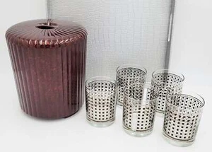 Georges Briard Silver Brown Squares DOF Glasses & Lucite Ice Bucket Tray Set 60s - Picture 1 of 8