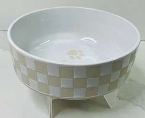 Dog Bowl Food Dish Paw Prints White & Tan Medium Ceramic 6” Diameter NEW - Picture 1 of 7