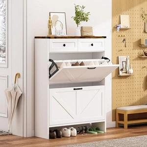 Shoe Storage Cabinet, Farmhouse Shoes Organizer Cabinet with 2 Flip Drawers &... - Picture 1 of 9