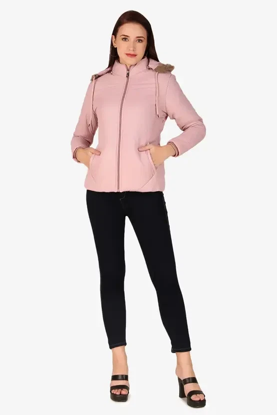 Women Winter Warm Padded Jacket Long Sleeves with Hooded Zipper Nylon Jacket - Image 1 of 4