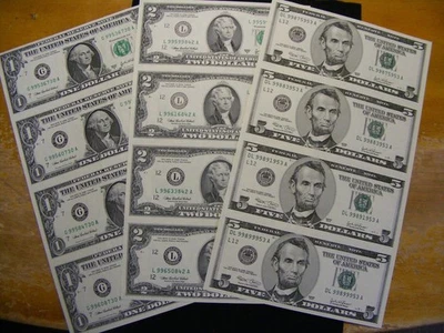 UNCUT SHEETS OF 4 * $5.00, $2.00 & $1.00 * UNCIRCULATED * PERFECT - Image 1 of 4