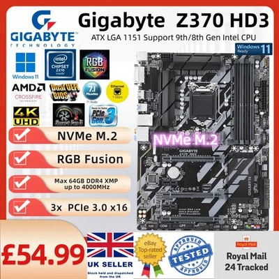 Gaming Motherboard Gigabyte Z370 HD3 LGA1151 ATX 8th 9th gen  i5 i7 i9 CPU - Image 1 of 4
