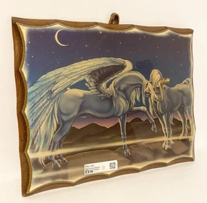 Vintage Sue Dawn Unicorns ‘85 Art Print Wood Laquer Plaque Decoupage Majestic - Picture 1 of 7