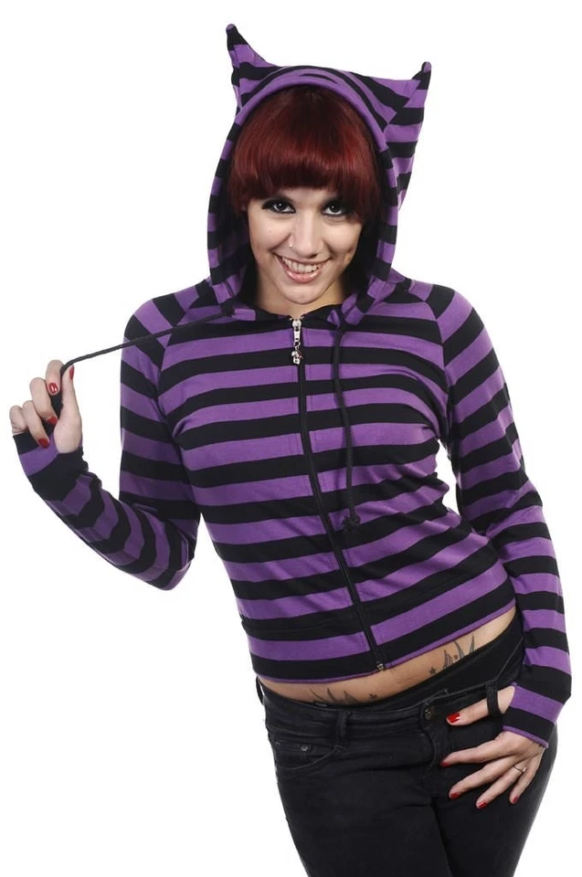 Cat Ears Striped Hoodie Womens Black Purple Stripe Zip Up Nekomimi Jacket - Image 1 of 4