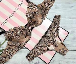 Victoria's Secret LUXE Unlined Floral Embroidered Demi Thong Bra Set Leopard - Picture 1 of 5