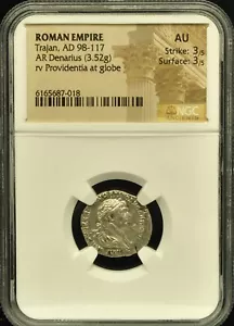 Roman Empire Trajan, AD 98-117 AR Denarius NGC AU #H797 - Picture 1 of 2