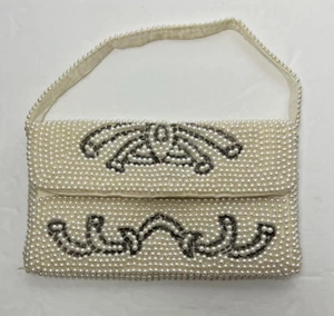 Vintage Hato Hasi Evening Purse Japan Faux Ivory Pearls Silver Beads Handbag - Picture 1 of 12