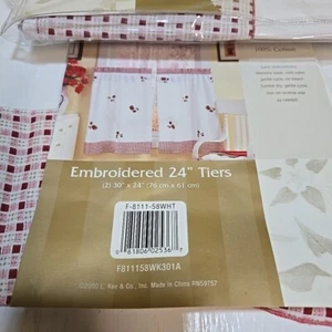 2 Vintage Cotton Gingham Fruit Strawberry Cherry 24" Tier Curtain - Picture 1 of 7