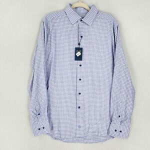 David Donahue Shirt Mens 16 Medium Purple Blue Gingham Fusion Linen Blend NEW