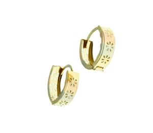 MultiTone 14K Solid Gold Flower Polished Shiny Reversible Huggies Hoop Earrings  - Picture 1 of 4