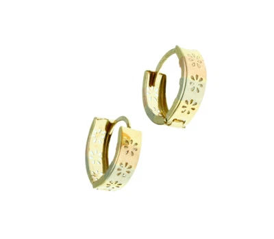 MultiTone 14K Solid Gold Flower Polished Shiny Reversible Huggies Hoop Earrings  - Image 1 of 4